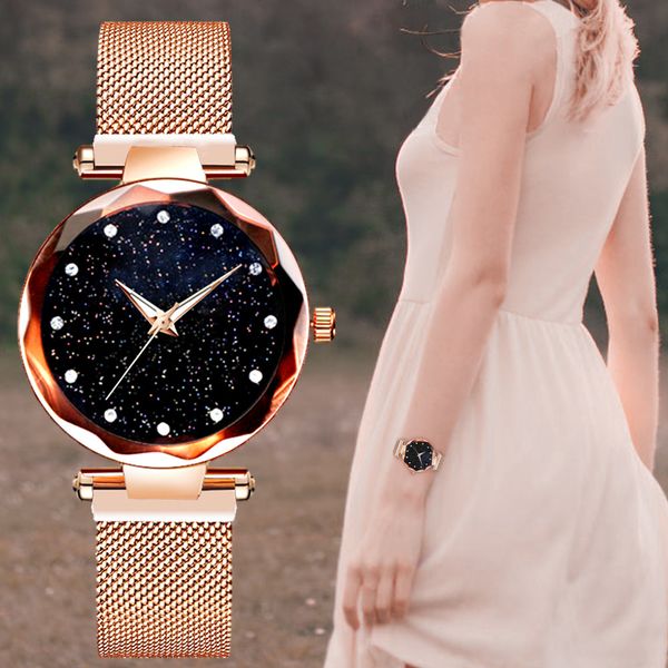 

luxury starry sky stainless steel mesh bracelet watches for women crystal analog quartz wristwatches ladies sports dress clock, Slivery;brown
