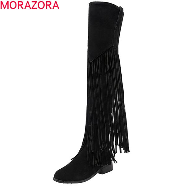 

morazora 2020 new over the knee thigh high boots women flock tassel shoes slim long boots autumn winter motorcycle, Black