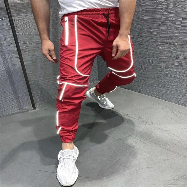 

striped reflective men pants fitness long sports running men trousers casual sports loose male apparel with pockets, Black