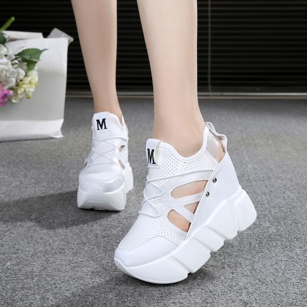 

2019 summer women sneakers mesh casual platform trainers white shoes 12cm heels wedges breathable woman height increasing shoes, Black
