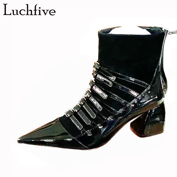 

buckles belts short boots women pointy toe winter boots square heels party shoes woman zipper black ankle