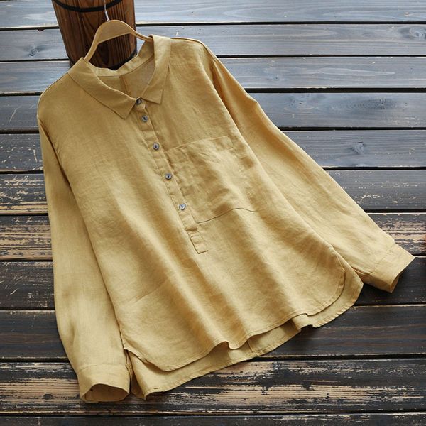 

6687 autumn new style women's dress flax solid color fold-down collar long-sleeved shirt simple casual pullover versatile s, White