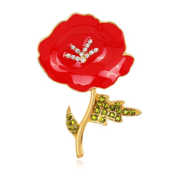 Grã-Bretanha Memorial Rhinestone Broche Festivo Festivo Suprimentos Grande Red Poppy Flor Broche Folha Verde VERDE CHOLLAR BÔNEL PIN