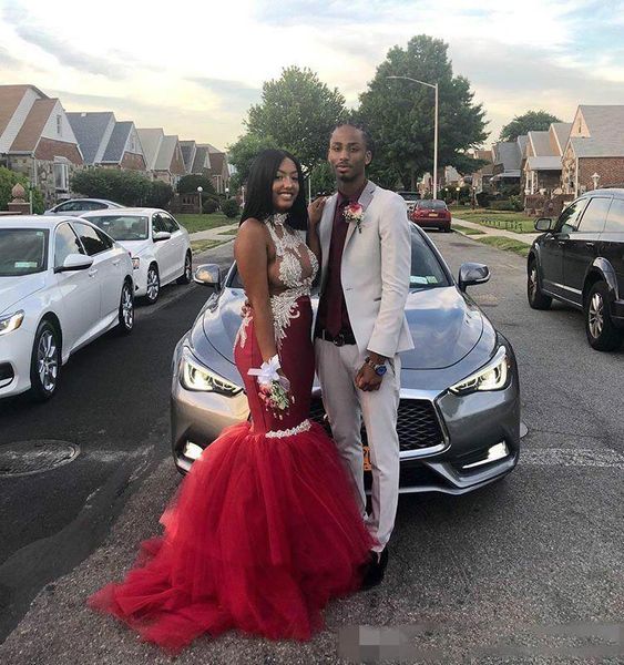 

high neck mermaid prom dresses backless sheer tulle sleeveless applique 2020 party formal evening dresses gowns robe de soiree, Black;red