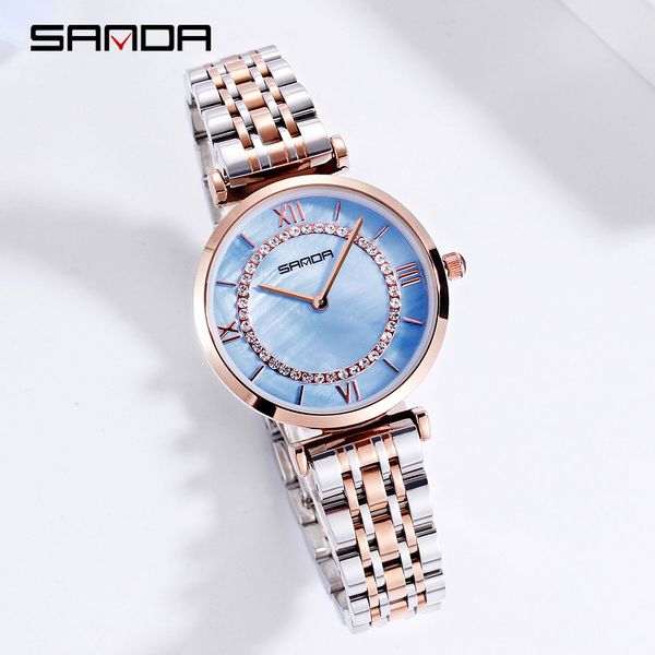

sanda new ladies watch elegant atmosphere rose gold steel belt circular dial waterproof blue white pink woman wrist strap watch, Slivery;brown