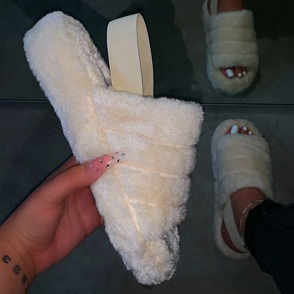 

2020new women spring plush slippers flat bottom antiskid indoor all-around comfortable sandals outdoor leisure women fur sandals, Black