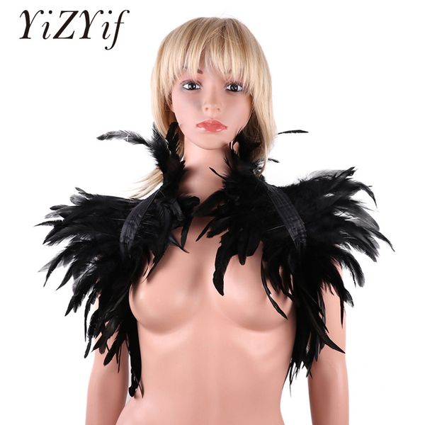 

yizyif victorian real natural feather shrug shawl shoulder wrap cape gothic collar with ribbon ties for cosplay costume party