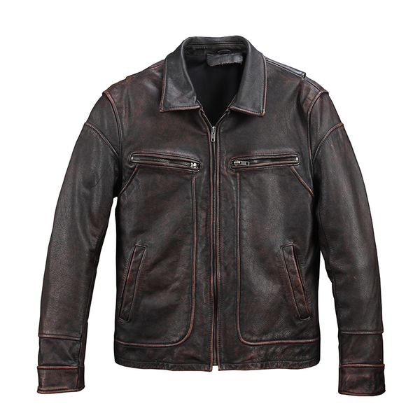 

2020 vintage brown мужчины повседневная кожаная куртка плюс размер xxxxxl подлинная коровьей россии осень slim fit натуральной кожи пальто, Black
