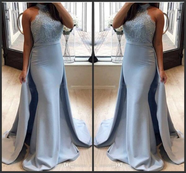 

2018 русалка синий overskirt пром платья длинные высокая шея холтер спинки аппликации кружева длинные вечерние платья партии vestidos de fie, Black