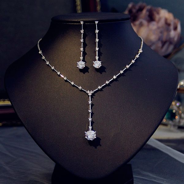 

new fashion design simple necklace earring 3a zircon drop shape ladies party wedding jewelry wedding accessories, White