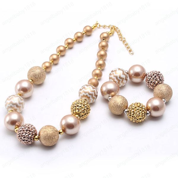 

new arrival chunky beaded necklace baby girls bubblegum necklace bracelets gold color handmade jewelry for child, Red;brown