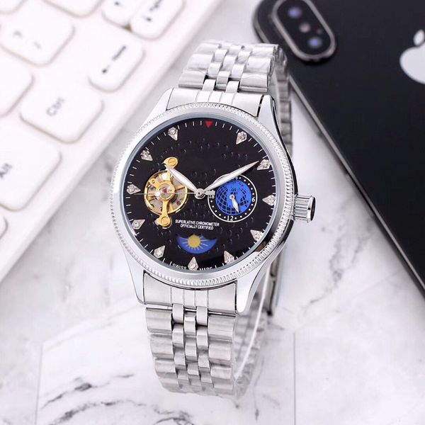 

fashion all small dials work men watches mechanical automatic stainless steel band moon phase watch for men's gift wristwatches, Slivery;brown