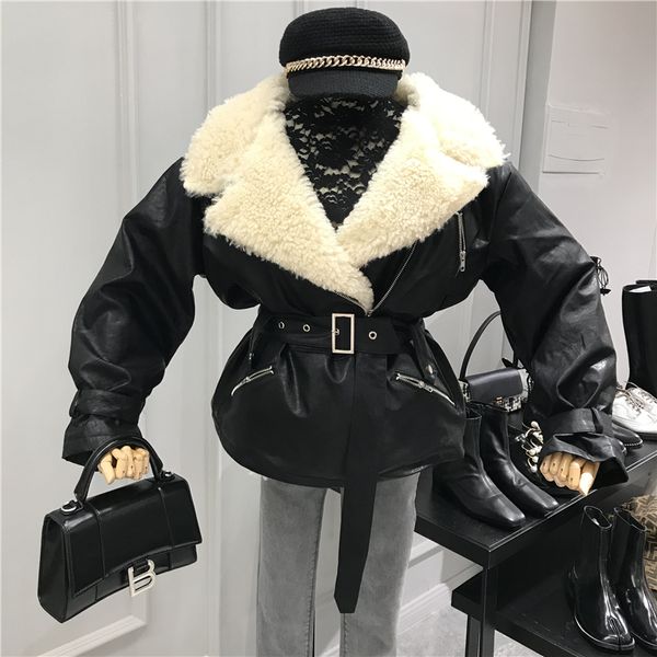 

new 2019 faux sheepskin shearling winter coat women black warm motorcycle street soft lamb fur women leather jacket my251