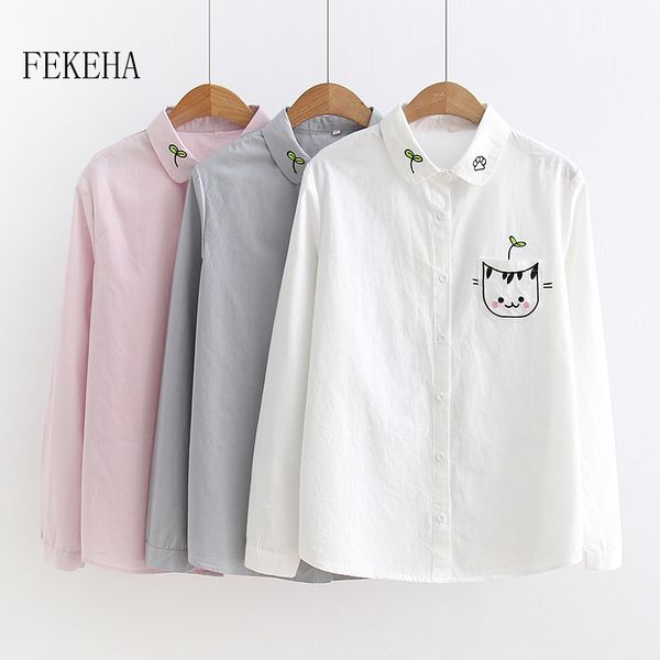 

embroidery shirts women blouses autumn long sleeve 100% cotton cartoon cat white girl blusas feminina ladies clothes
