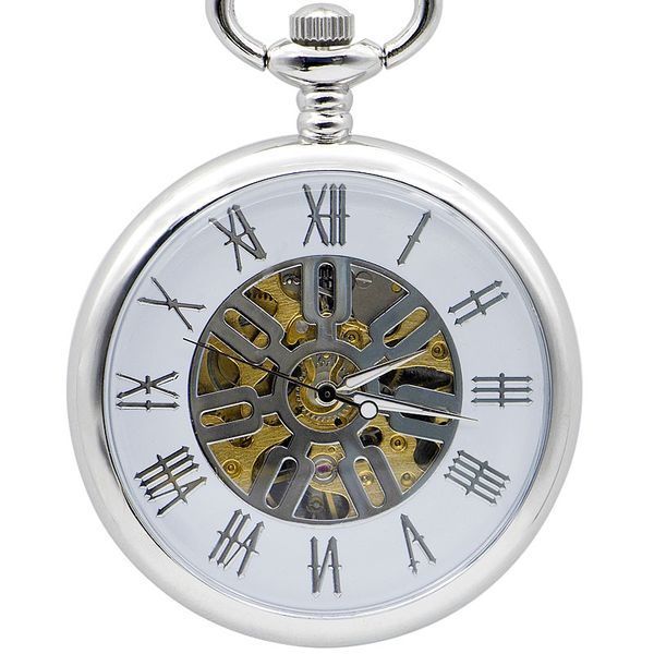

luxury open face mechanical skeleton shilver pocket watch steampunk hand winding watch men women chain for man pjx1387, Slivery;golden