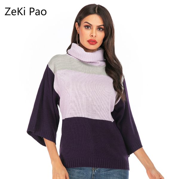 

2020 striped sweater turtleneck casual loose seven-point sleeves pullover women spring and autumn fashion pullovers hot, White;black