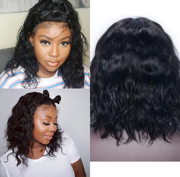 

brazilian wavy human hair lace front wigs with baby hair 130% density natural color virgin hair bob wig, Black;brown