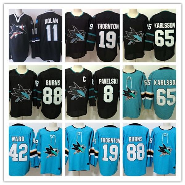 

san jose sharks 65 erik karlsson jersey 19 joe thornton 88 brent burns 8 joe pavelski 42 joel ward mens hockey stitched jerseys, Black;red