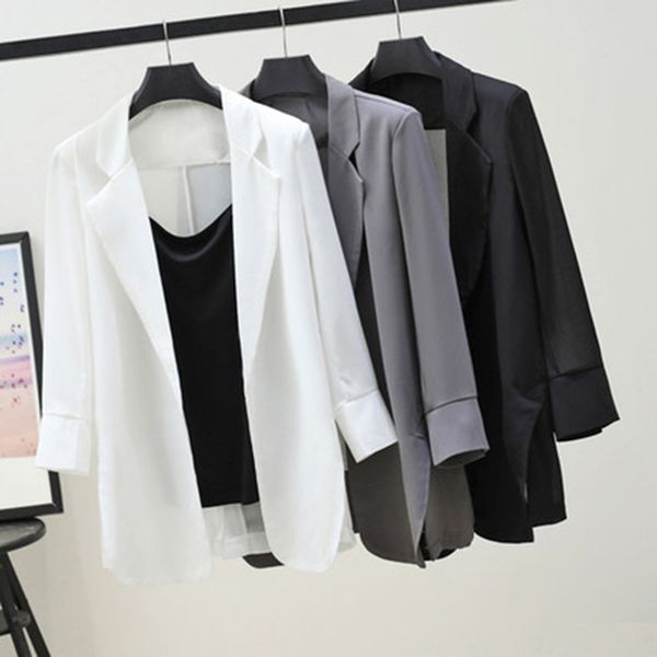 

big size new chiffon blazer office lady casual notched jacket summer split slim thin outerwear workwear female l364, White;black