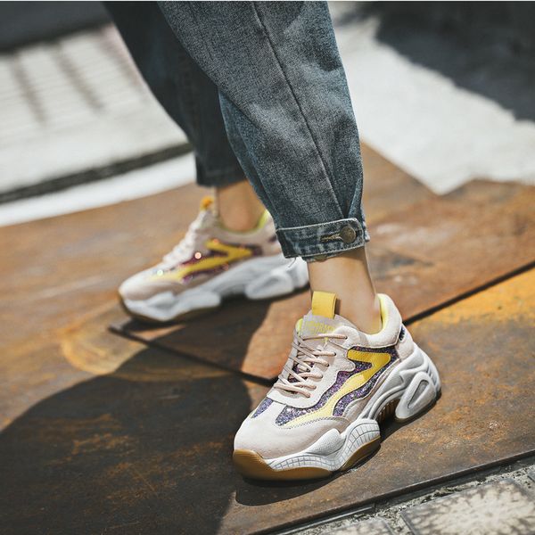 

genuine leather sports shoes women autumn new breathable thick bottom lace wild running shoes for women zy-23