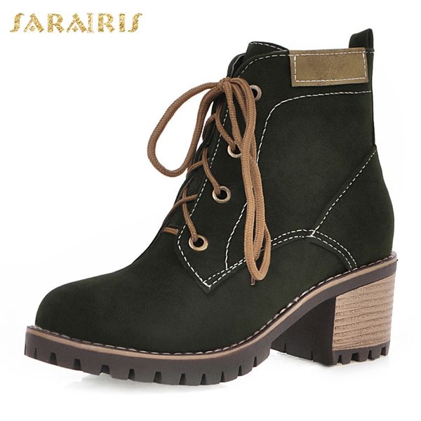 

sarairis new fashion 2020 chunky heels ankle boots women shoes lace up add fur office lady shoes woman boots female, Black