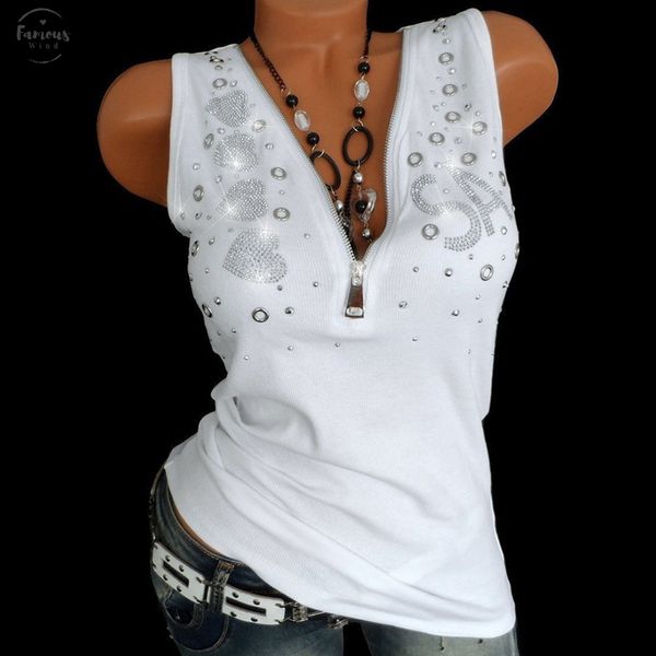 

women tank camiseta tirantes mujer ladies drill zipper sleeveless vest tank blouse pullover print womens summer, White