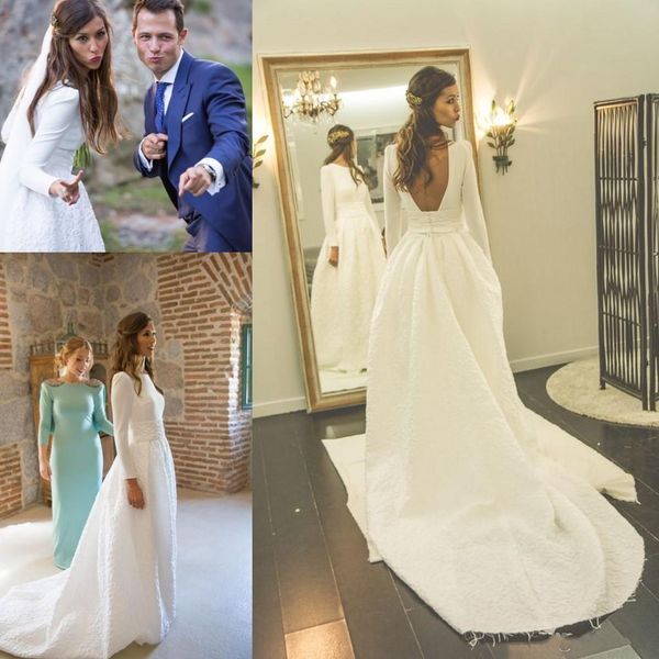 

2020 простые атласные свадебные платья длинные рукава sexy backless поезд стреловидности scoop neck сшитое страна свадебное платье robe де, White