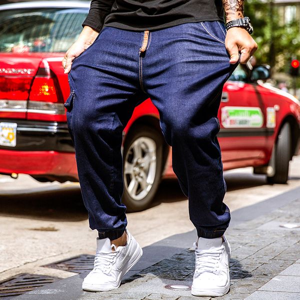 

2019 men elastic loose denim harem pants hip hop biker jeans pants punk style multi pockets belt ripped trousers, Blue