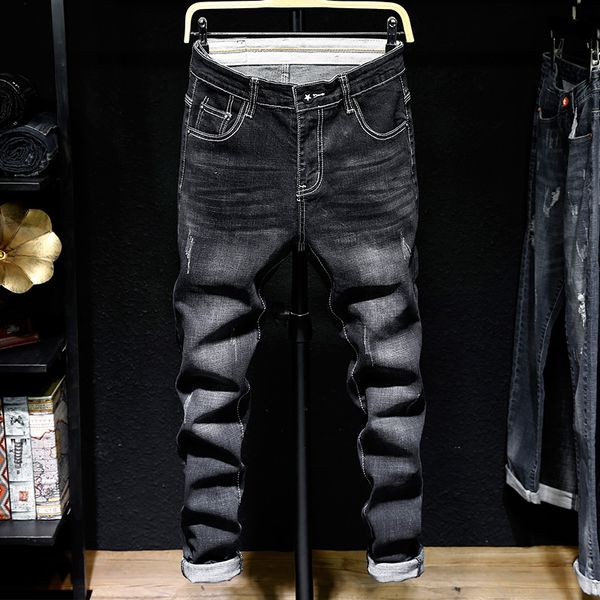

2018 new autumn and winter jeans men's thin section slim feet pants men's trend wild handsome black denim long pants, Blue