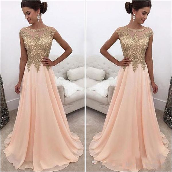 2020 Arabische Abendkleider, A-Linie, formelle Kleidung, transparenter U-Ausschnitt, Chiffon, lange Ballkleider mit goldenen Perlenapplikationen