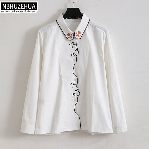 

nbhuzehua long sleeve shirt women plus size blouse cute cat embroidery blue white shirt cotton spring 2019 clothes 5xl 19-a23