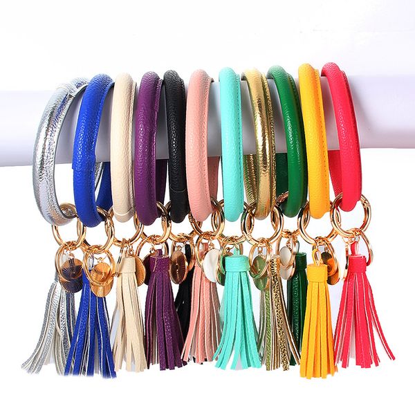 

leather bracelet key chain pu wrist key ring tassel pendant wristbands sports bracelets round keychain festival party favor tta1694, Silver
