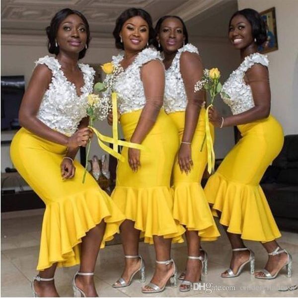 Afrikanische gelbe Spitze-Applikation-Meerjungfrau-Brautjungfer-Kleider mit V-Ausschnitt, drapiert, Trauzeugin, Hochzeitsgastkleid, Robes de Demoiselle d'Honneur