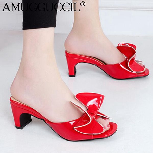 

2019 new plus big size 32-44 black beige red fashion sweet bowtie high heel girl female ladies women summer sandal slipper l1186