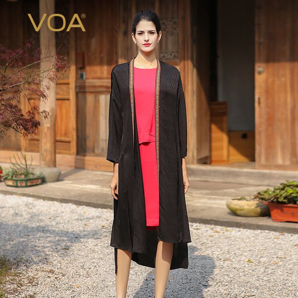 

voa silk jacquard thin coat black brief plus size loose women clothing simple solid casual long trench outerwear spring f7584, Tan;black