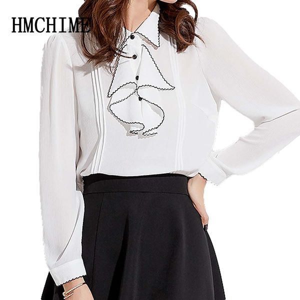 

women blouse elegant ruffles turn down colalr female single breasted pullovers shirt chiffon office lady solid pleated blusa, White