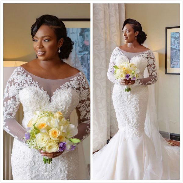 

2019 arabic aso ebi plus size lace beaded wedding dresses long sleeves mermaid bridal dresses vintage wedding gowns zj364, White