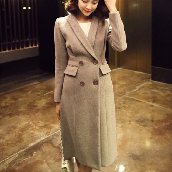 

cbafu elegant turn down collar warm winter wool coat for women office lady long jacket female overcoat double breasted coat n999, Black;brown