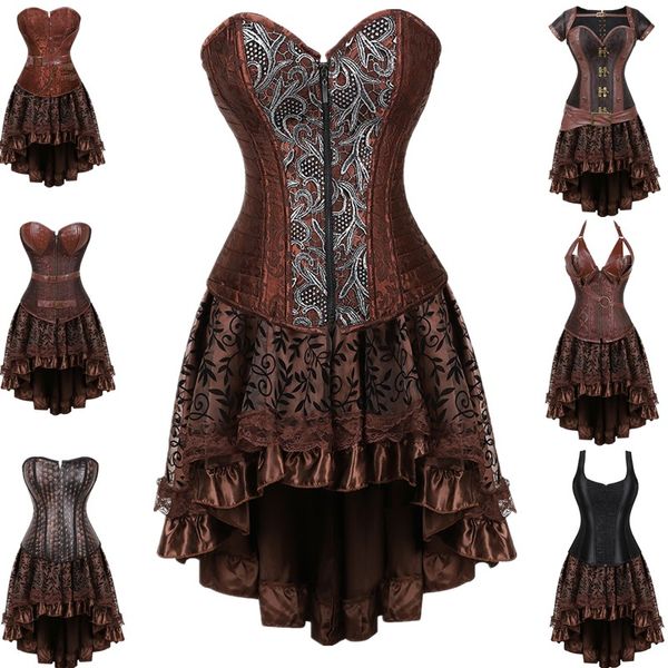 

women gothic brown overbust underbust corset with a flocked floral lace hi-lo skirt 2pcs set halloween cosplay costume outfit plus size, Black;white