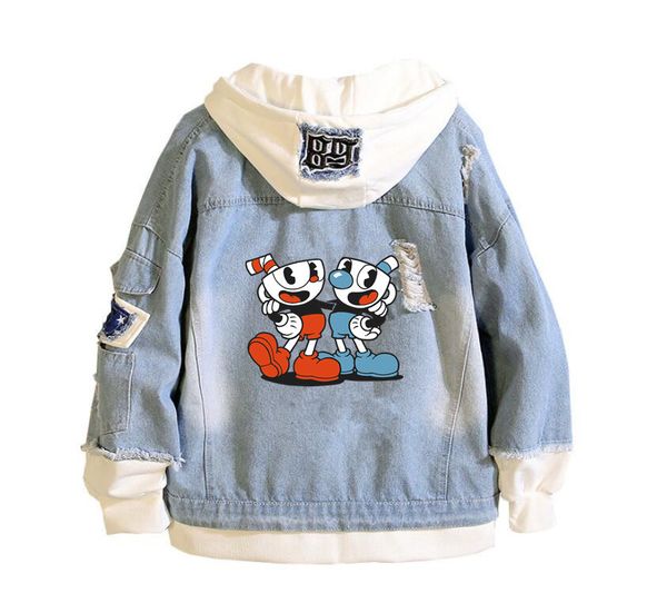 

men's 2019 new cuphead mugman printing denim jacket casual bomber coat hip hop retro hoodie jacket streetwear, Black;brown