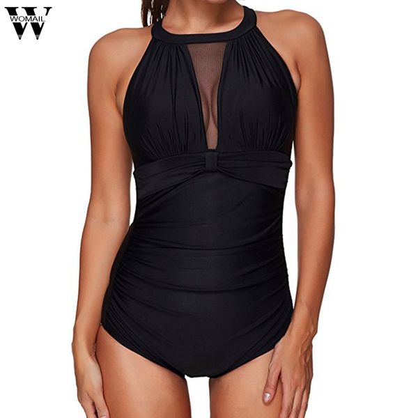 

women one piece high neck v-neckline mesh ruched monokini swimwear bra set fe5 dropshipping oct30, Red;black
