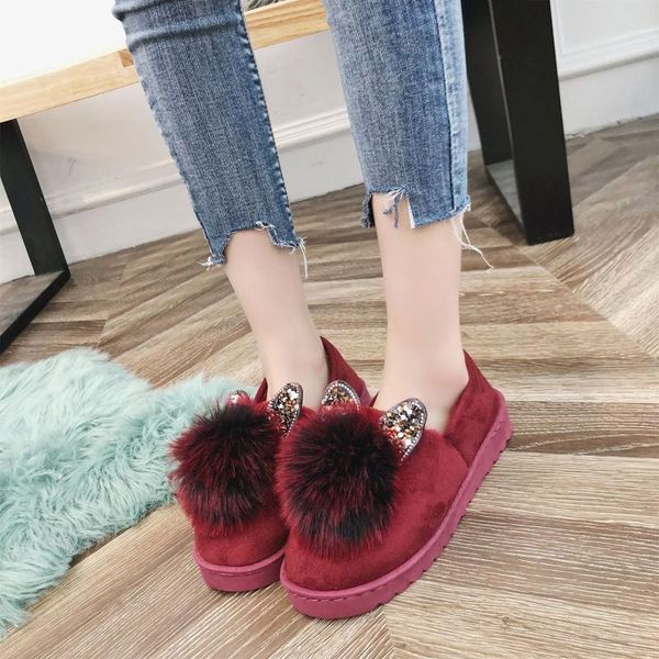 

round toe fashion winter women fur loafers plush slip on flock shallow warm flats shoes solid casual concise women shoes, Black