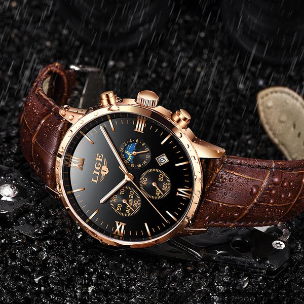 

reloj de hombre lige men's watches men business fashion leather watch moon phase date luminous multi-function sport quartz clock, Slivery;brown