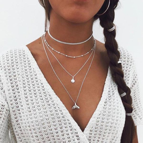 

chain pendant necklace women friends layered long silver color chains necklace beads accessories chain round neck jewelry