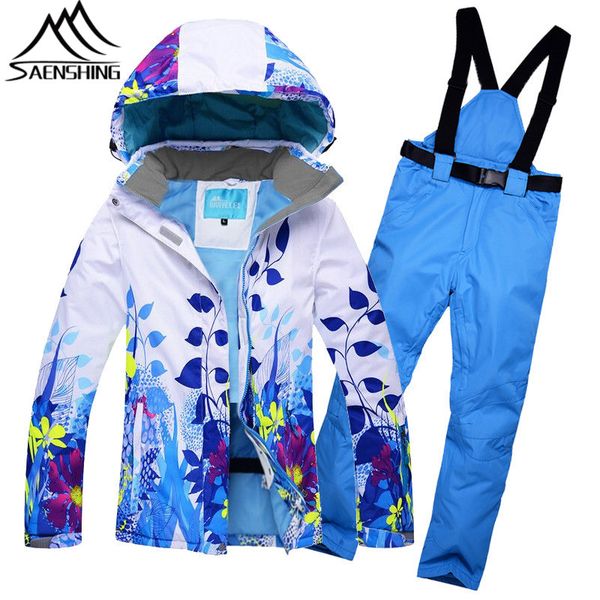 

saenshing ski suit women waterproof mountain skiing suit winter outdoor ski jacket + snowboard pants leaf pattern snow clothing