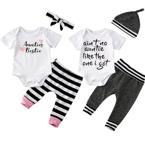 

focusnorm 0-24m 3pcs newborn baby boys girls clothes set kid print aunties e romper short sleeve striped pants set, White