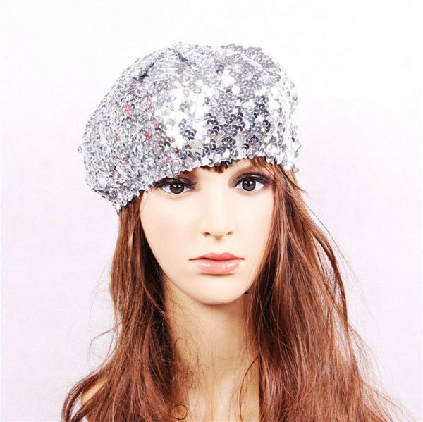 

women sequin bling cap stretch beanie metallic shining french beret hat party clubwear cap dance stage show costume decoration, Blue;gray