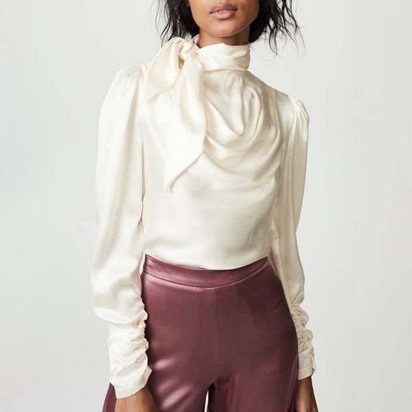 

blouse women satin womens shirts puff long sleeve lace big sizes female autumn fashion clothing new, White