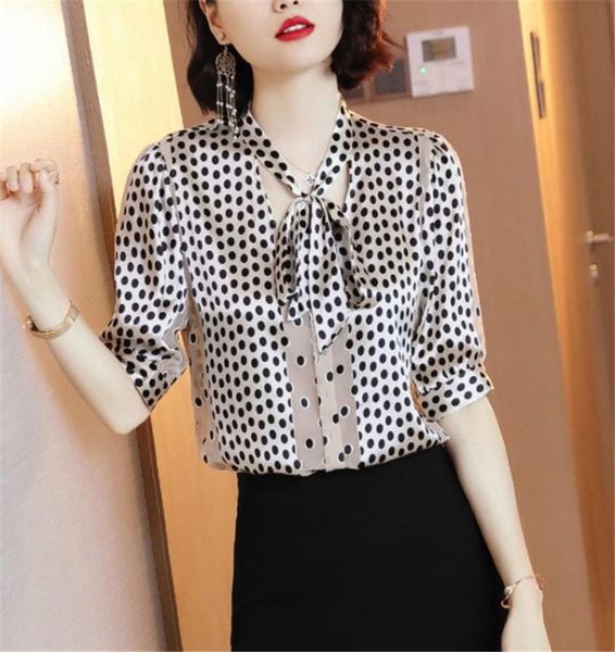 

party dresses women polka dot and blouses silk shirt summer 2021 v collar half sleeve lace up autumn retro loose female blusas, White;black