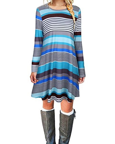 

kilig women's round neck pockets color stripe long sleeve casual dress, Black;gray